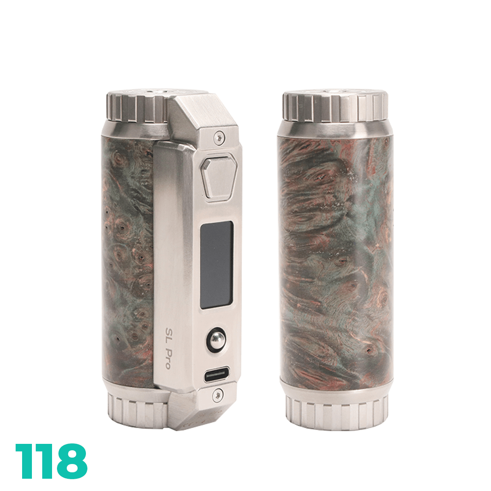 SXmini SL Pro Class 100W Stabwood Box Mod, limited edition, shown from front and back.