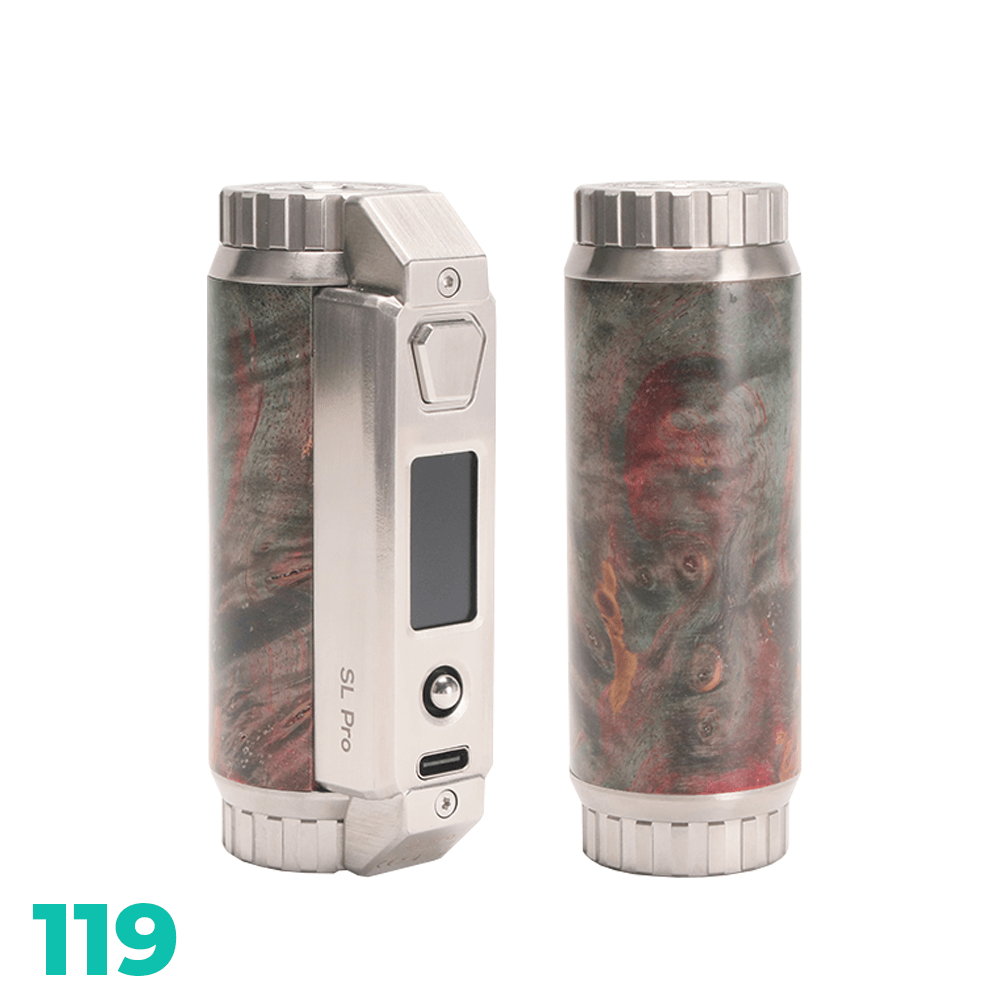 SXmini SL Pro Class 100W Stabwood Box Mod, limited edition, shown from front and back.