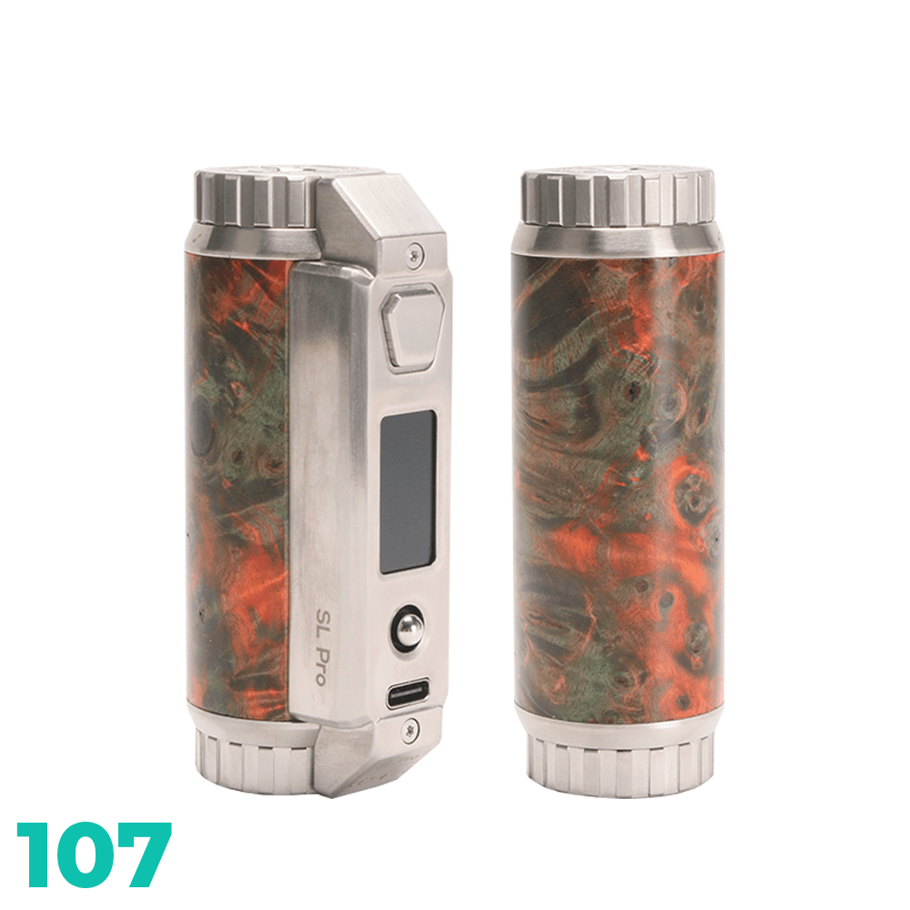 SXmini SL Class Pro 100W Stabwood Box Mod in vibrant red and green, front and back view.