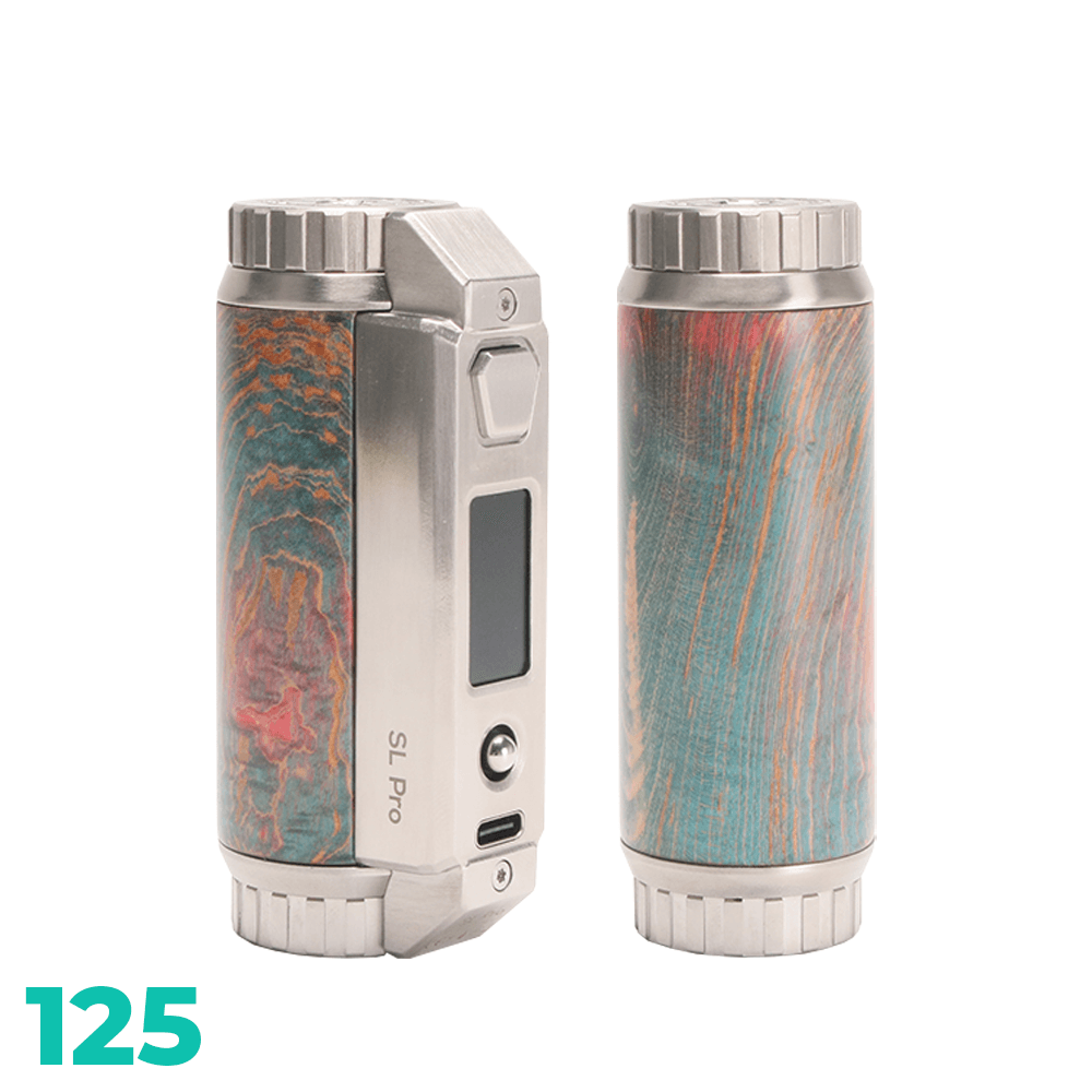 SXmini SL Pro Class 100W Stabwood Box Mod in vibrant wood finish, front and back views.