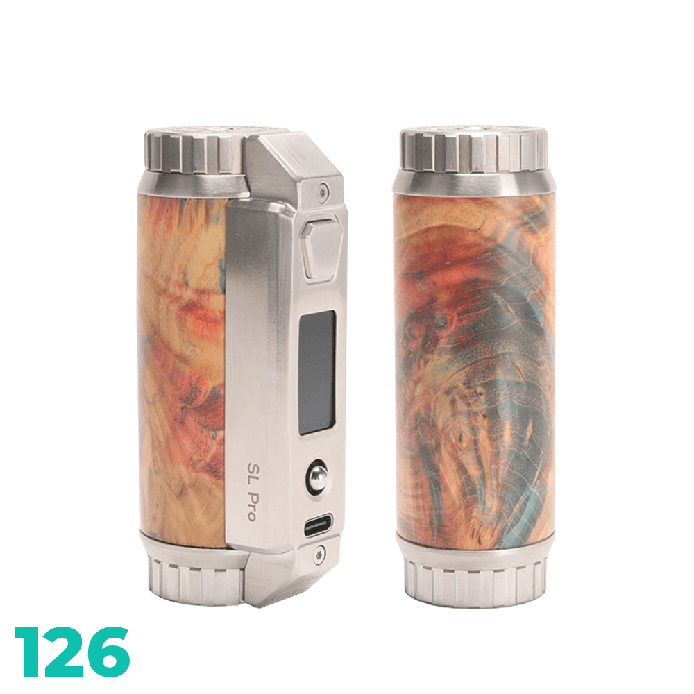 SXmini SL Pro Class 100W Stabwood Box Mod, featuring a colourful wood design and metal accents.