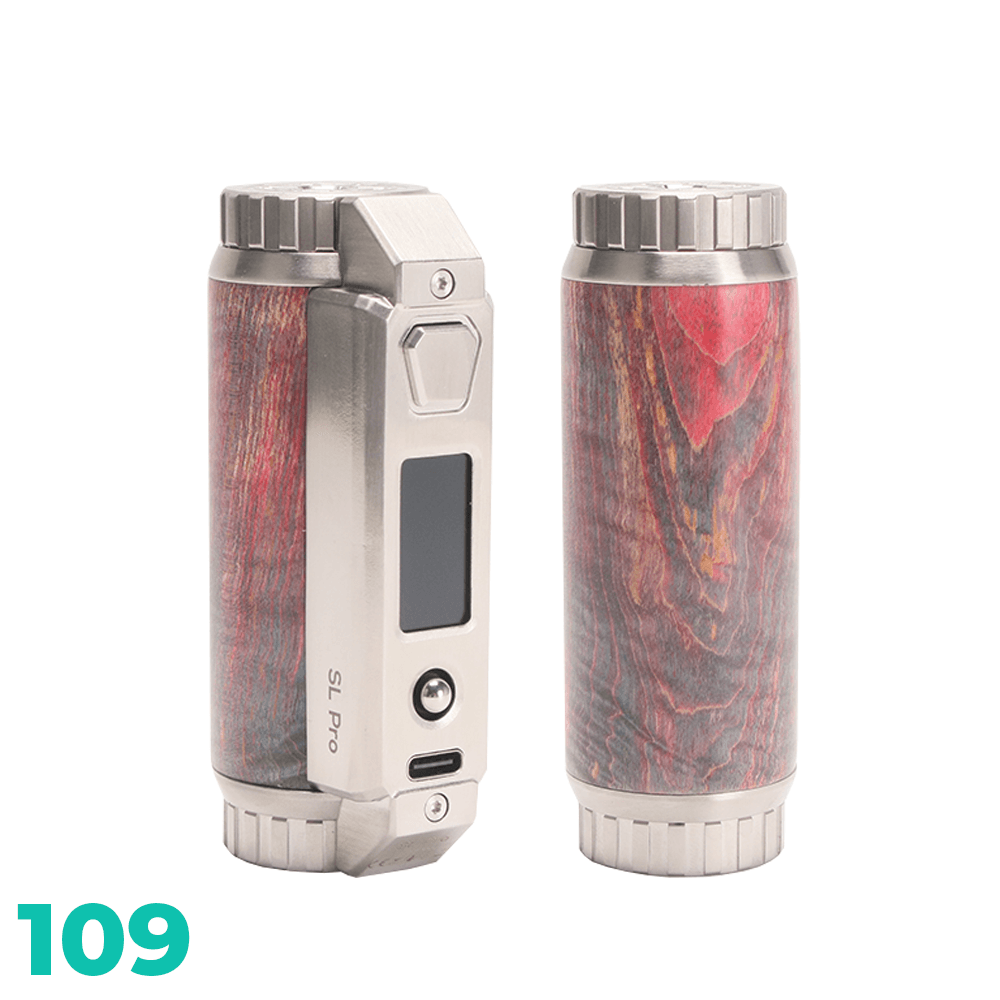 SXmini SL Pro Class 100W Stabwood Box Mod in silver and red wood finish, front and back view.