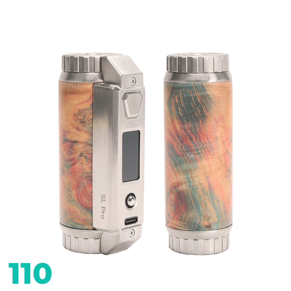 SXmini SL Pro Class 100W Stabwood Box Mod in multicolour, front and back view.