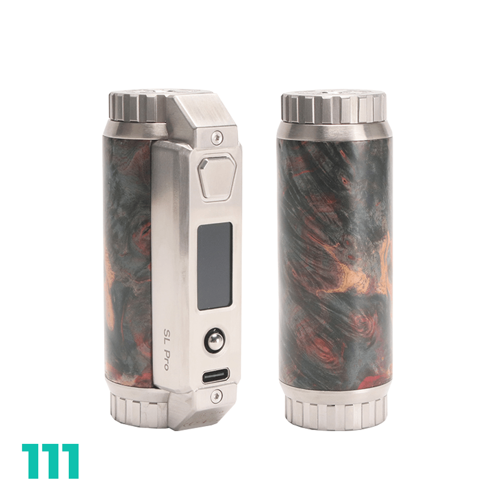 SXmini SL Pro Class 100W Stabwood Box Mod in silver and wood finish, front and side view.