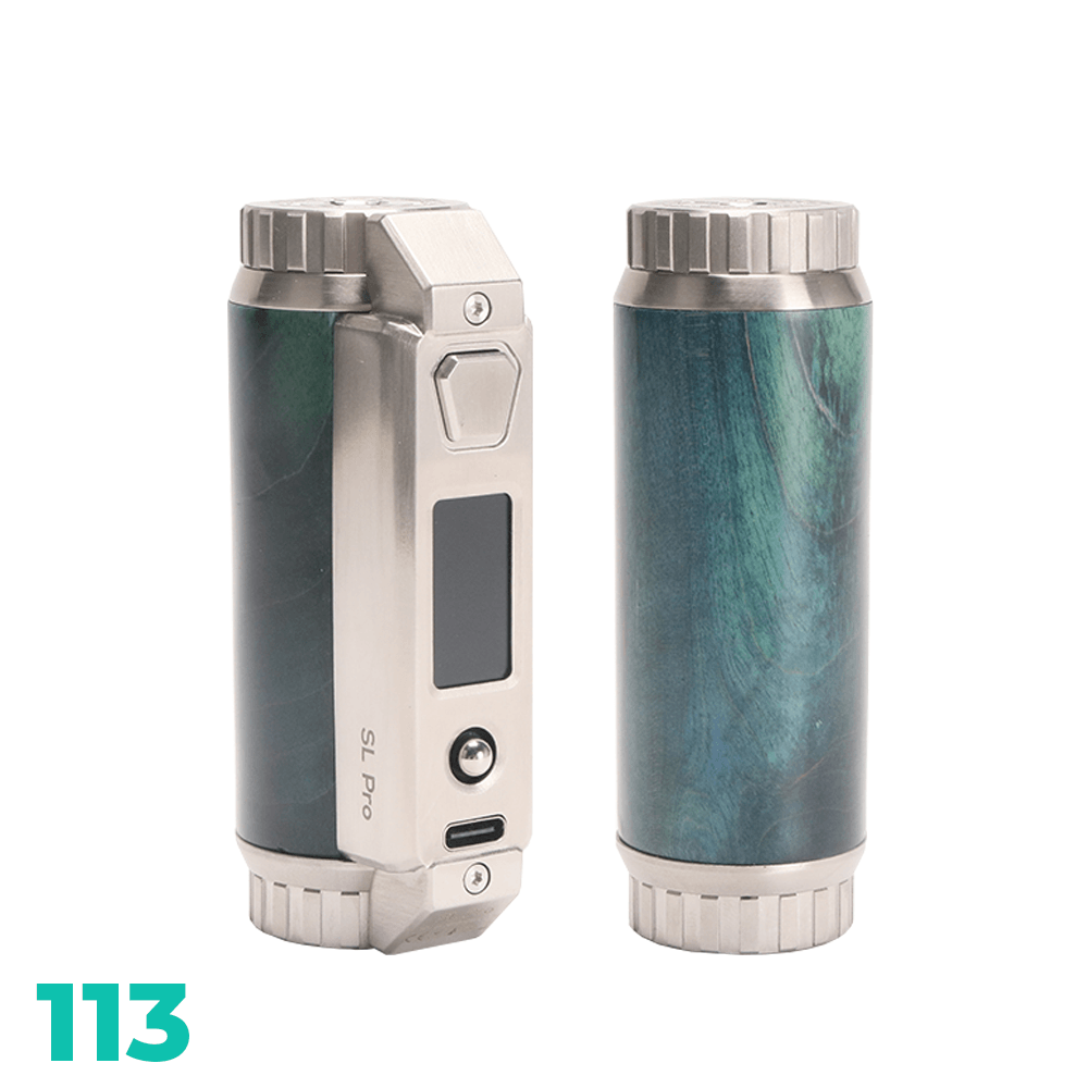 SXmini SL Pro Class 100W Stabwood Box Mod, silver and green design, shown front and back.