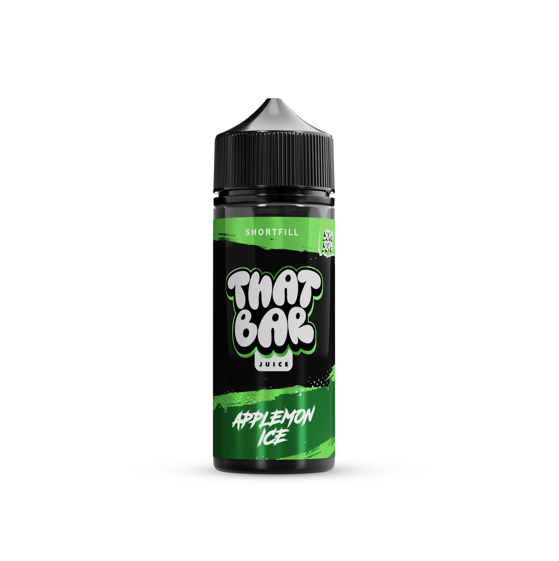 A bottle of That Bar Juice 100ml shortfill e-liquid in the Applemelon Ice flavour, showcasing a sleek black design with green accents and bold branding.