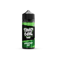 A bottle of That Bar Juice 100ml shortfill e-liquid in the Applemelon Ice flavour, showcasing a sleek black design with green accents and bold branding.