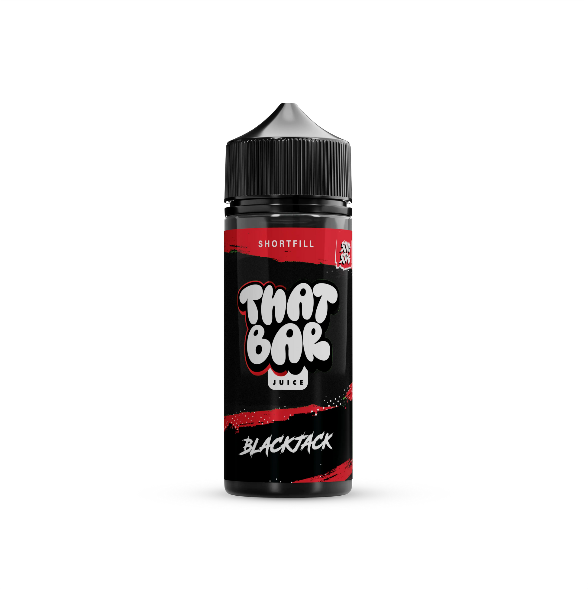 A bottle of That Bar Juice 100ml shortfill e-liquid in the Blackjack flavour, showcasing a sleek black design with green accents and bold branding.