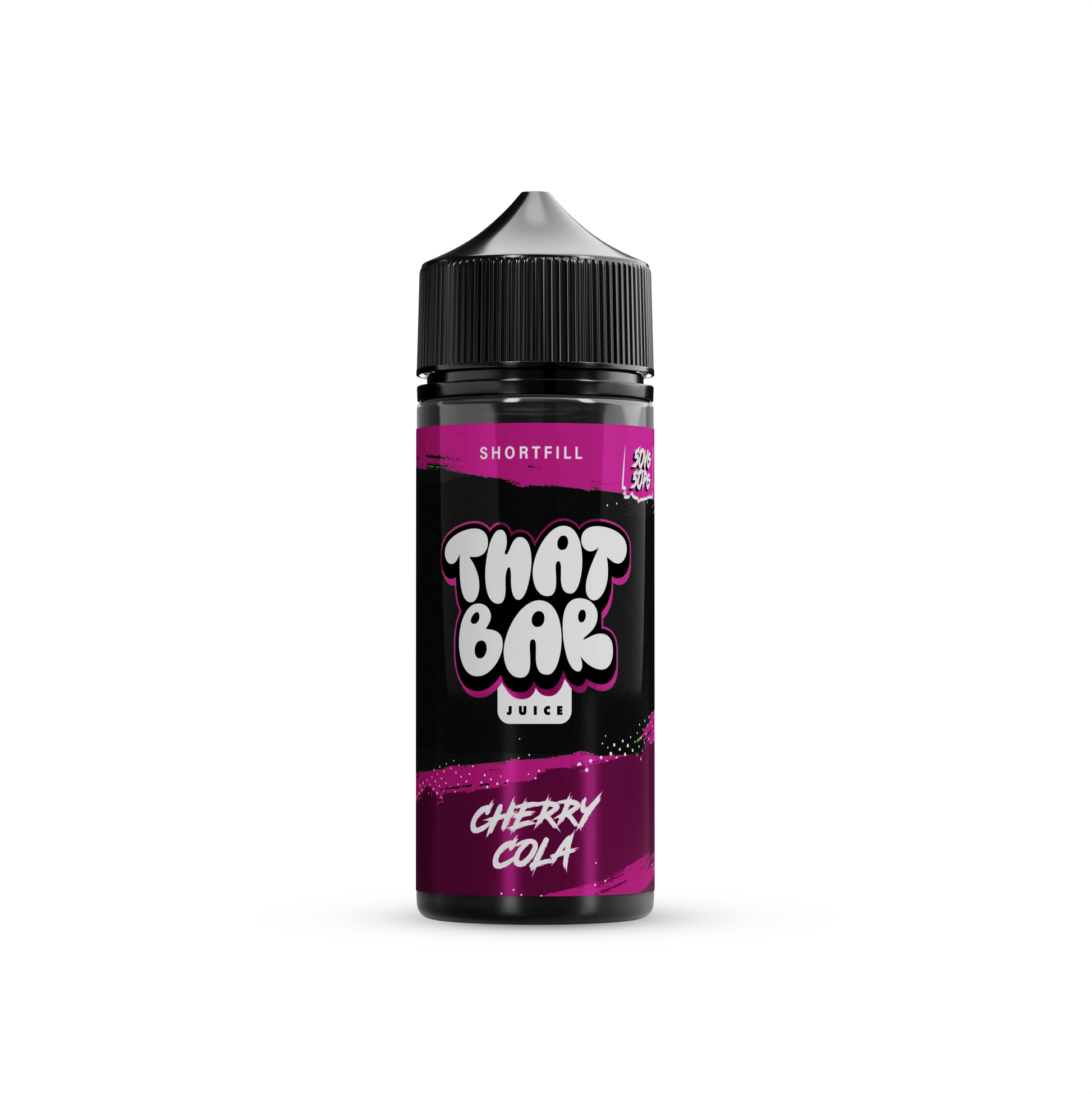 A bottle of That Bar Juice 100ml shortfill e-liquid in the Cherry Cola flavour, showcasing a sleek black design with green accents and bold branding.