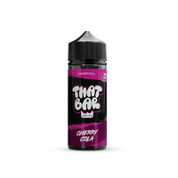 A bottle of That Bar Juice 100ml shortfill e-liquid in the Cherry Cola flavour, showcasing a sleek black design with green accents and bold branding.