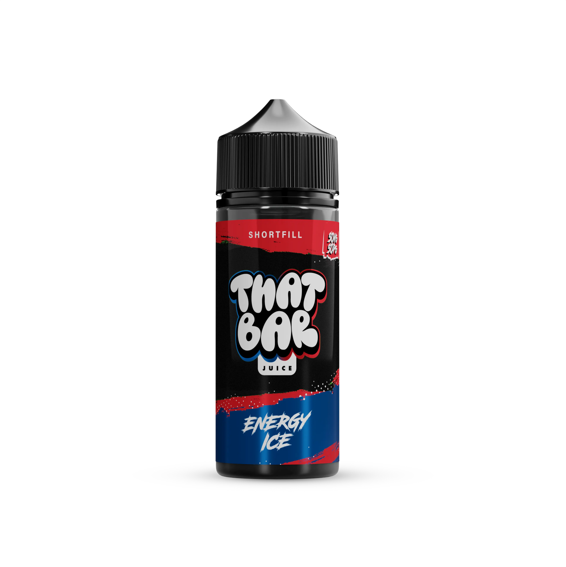 A bottle of That Bar Juice 100ml shortfill e-liquid in the Energy Ice flavour, showcasing a sleek black design with green accents and bold branding.