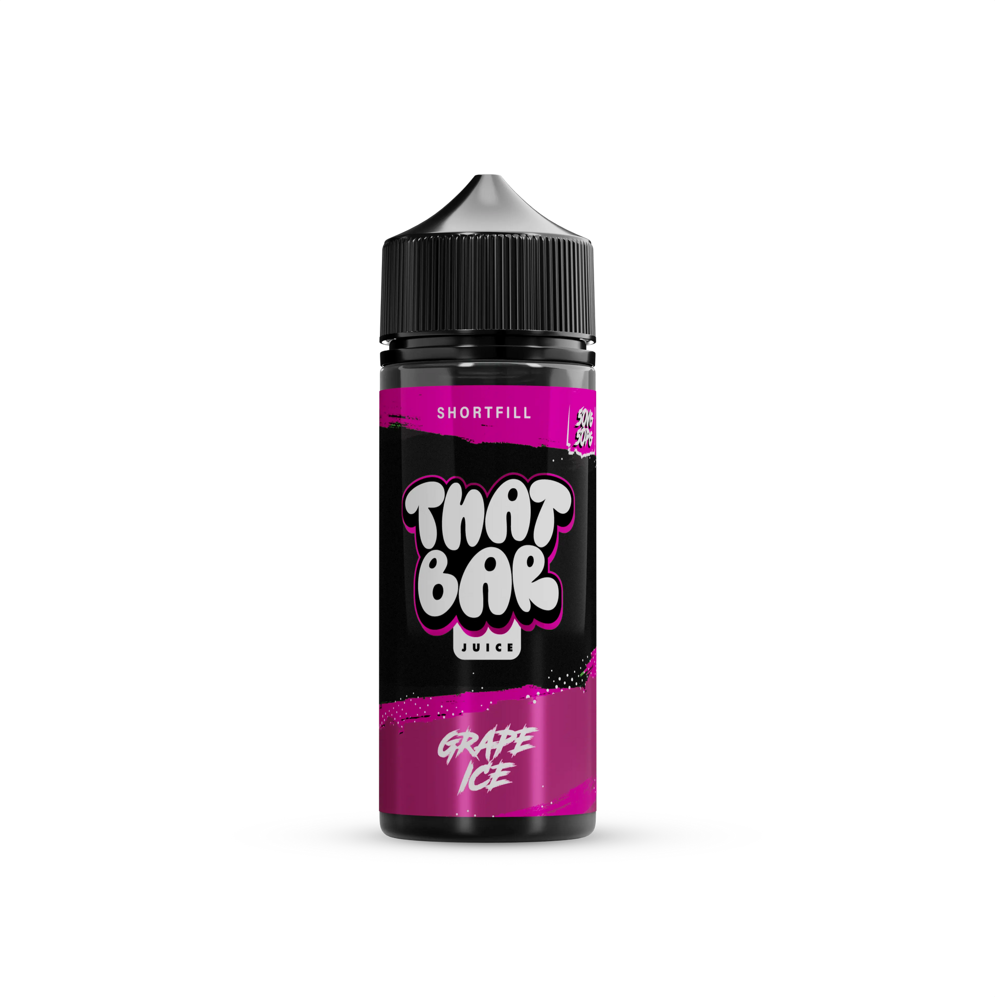 A bottle of That Bar Juice 100ml shortfill e-liquid in the Grape Ice flavour, showcasing a sleek black design with green accents and bold branding.