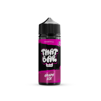 A bottle of That Bar Juice 100ml shortfill e-liquid in the Grape Ice flavour, showcasing a sleek black design with green accents and bold branding.