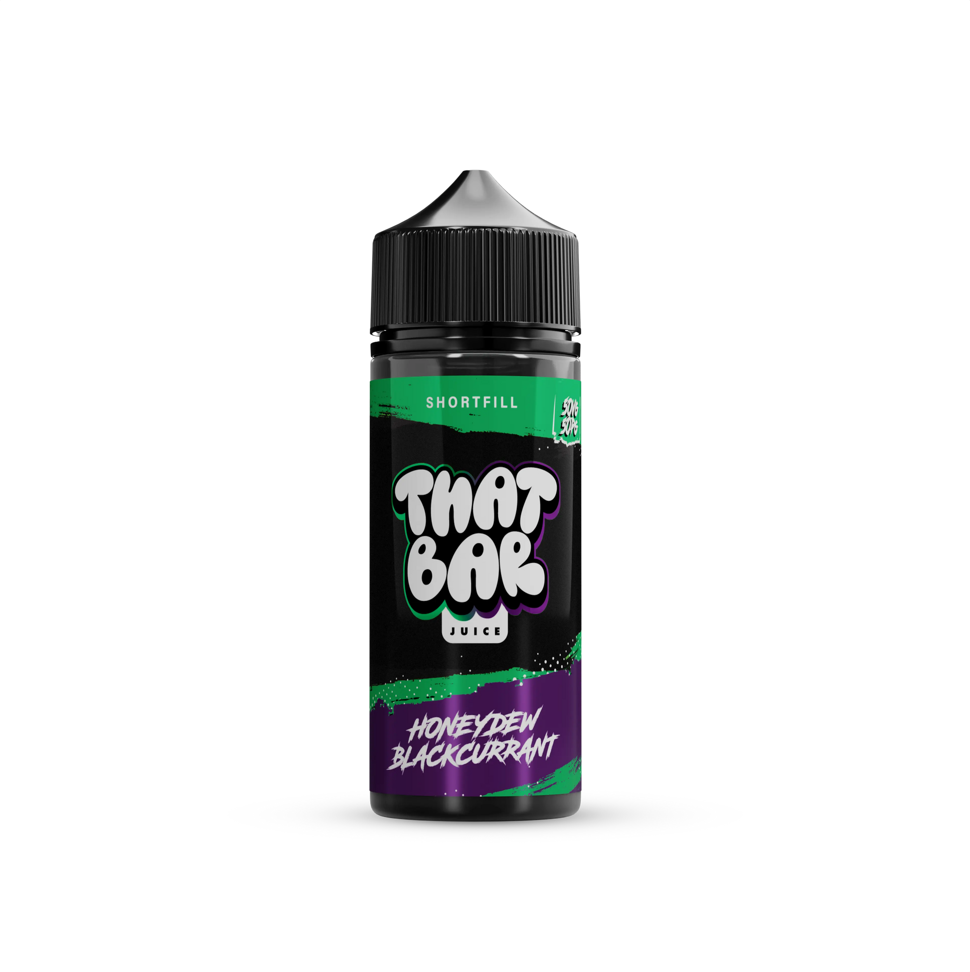 A bottle of That Bar Juice 100ml shortfill e-liquid in the Honeydew Blackcurrant flavour, showcasing a sleek black design with green accents and bold branding.