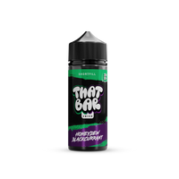 A bottle of That Bar Juice 100ml shortfill e-liquid in the Honeydew Blackcurrant flavour, showcasing a sleek black design with green accents and bold branding.