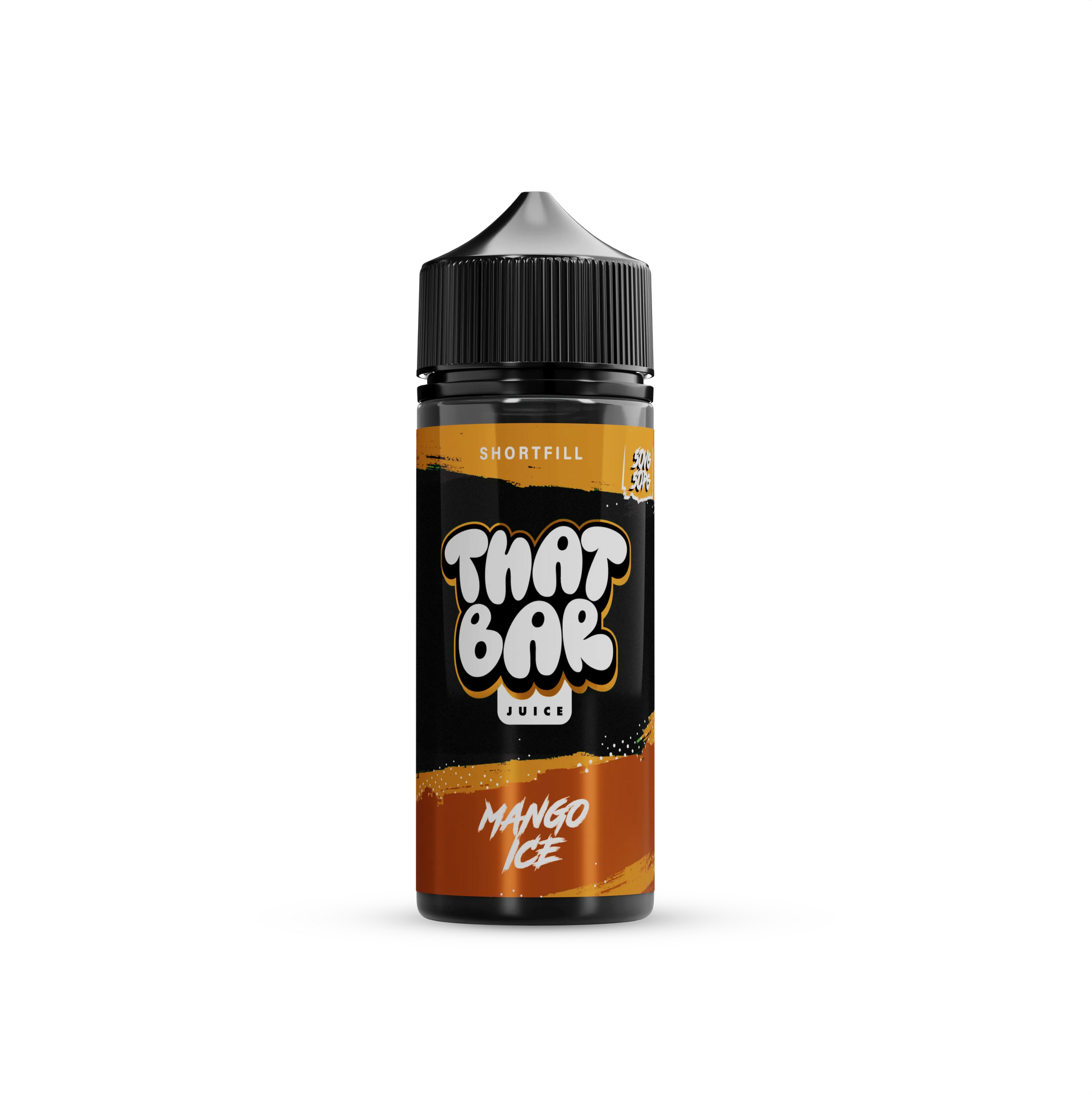 A bottle of That Bar Juice 100ml shortfill e-liquid in the Mango Ice flavour, showcasing a sleek black design with green accents and bold branding.