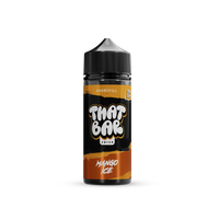 A bottle of That Bar Juice 100ml shortfill e-liquid in the Mango Ice flavour, showcasing a sleek black design with green accents and bold branding.