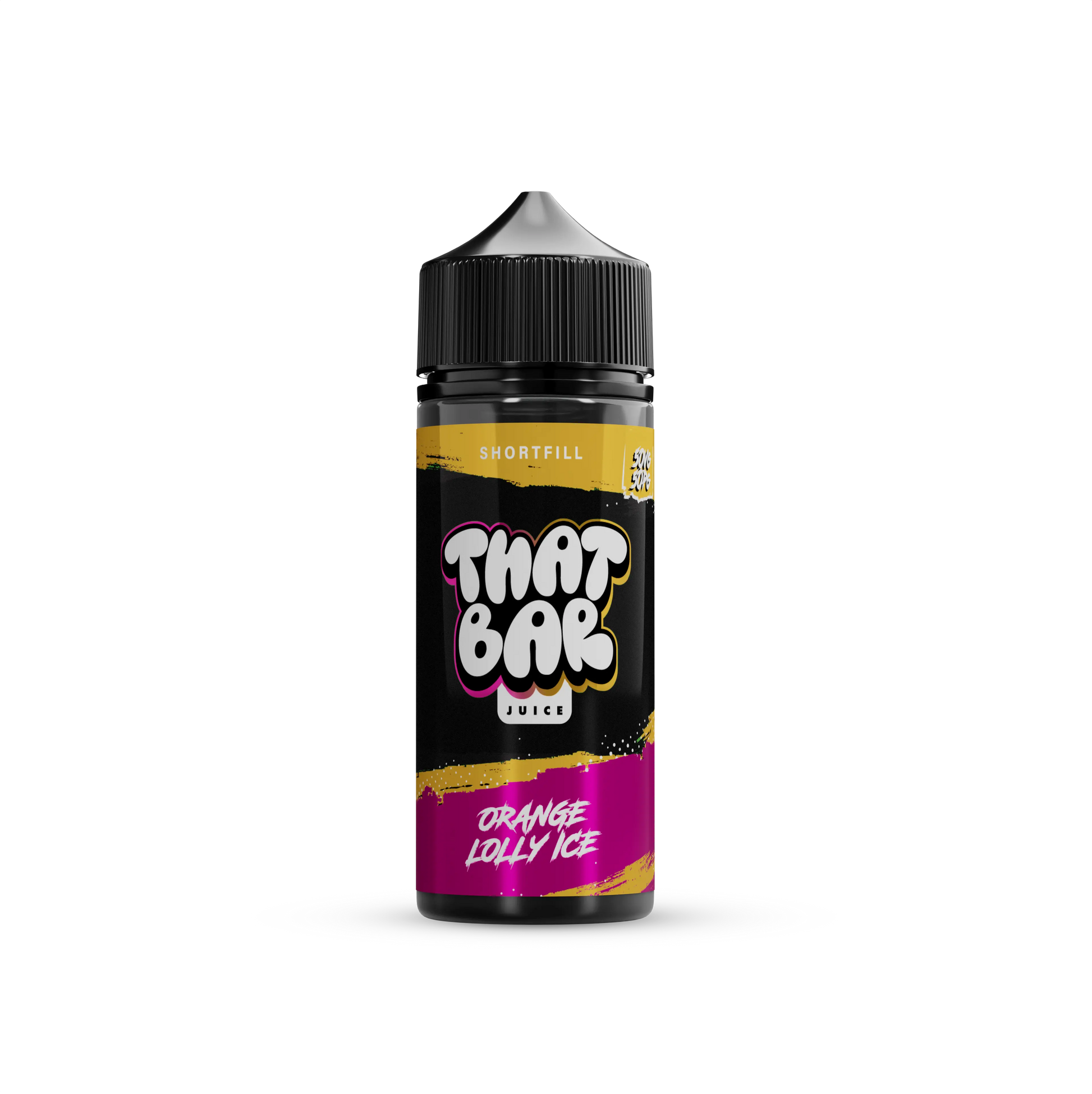 A bottle of That Bar Juice 100ml shortfill e-liquid in the Orange Lolly Ice flavour, showcasing a sleek black design with green accents and bold branding.