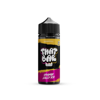 A bottle of That Bar Juice 100ml shortfill e-liquid in the Orange Lolly Ice flavour, showcasing a sleek black design with green accents and bold branding.