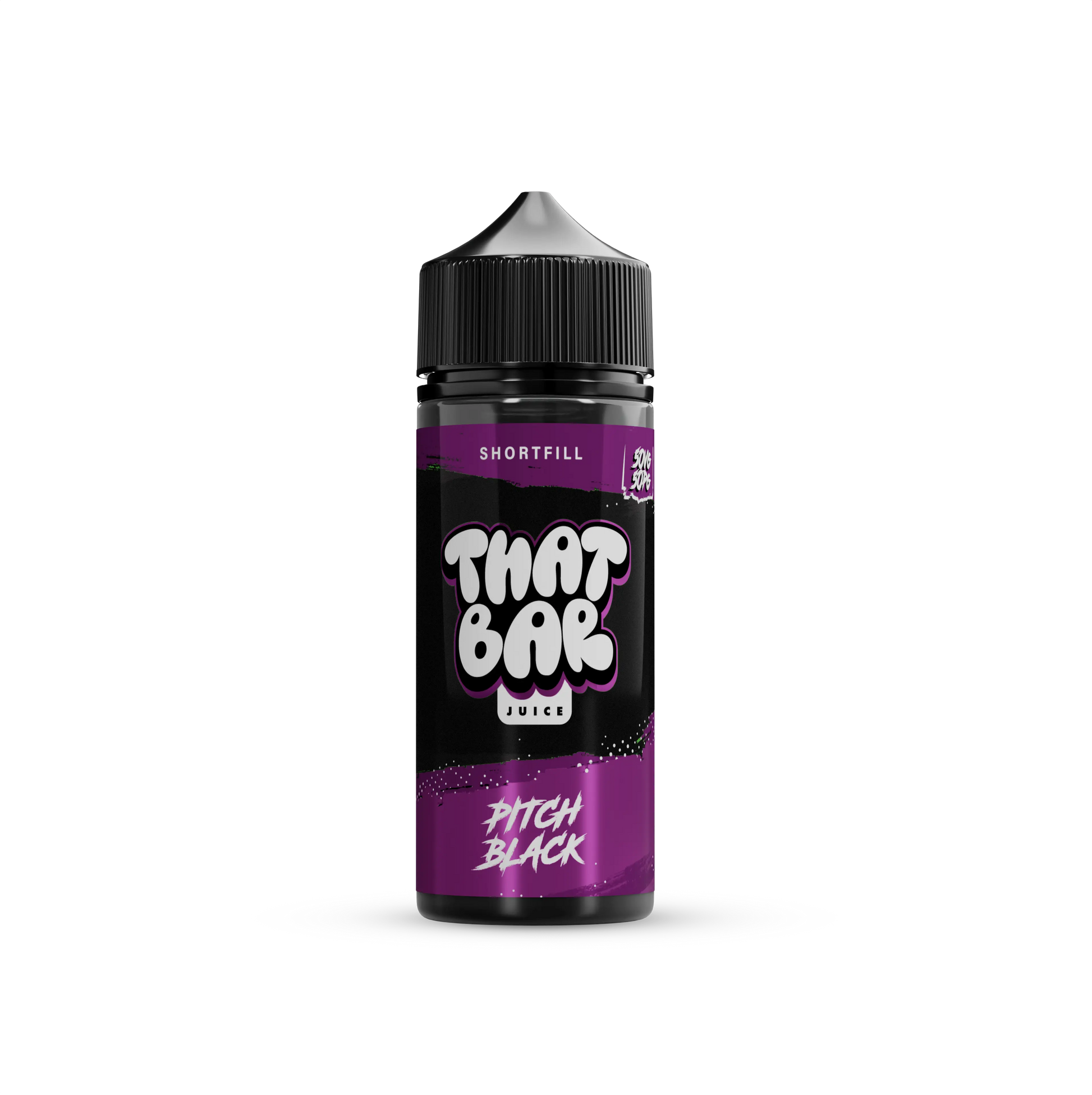 A bottle of That Bar Juice 100ml shortfill e-liquid in the Pitch Black flavour, showcasing a sleek black design with green accents and bold branding.