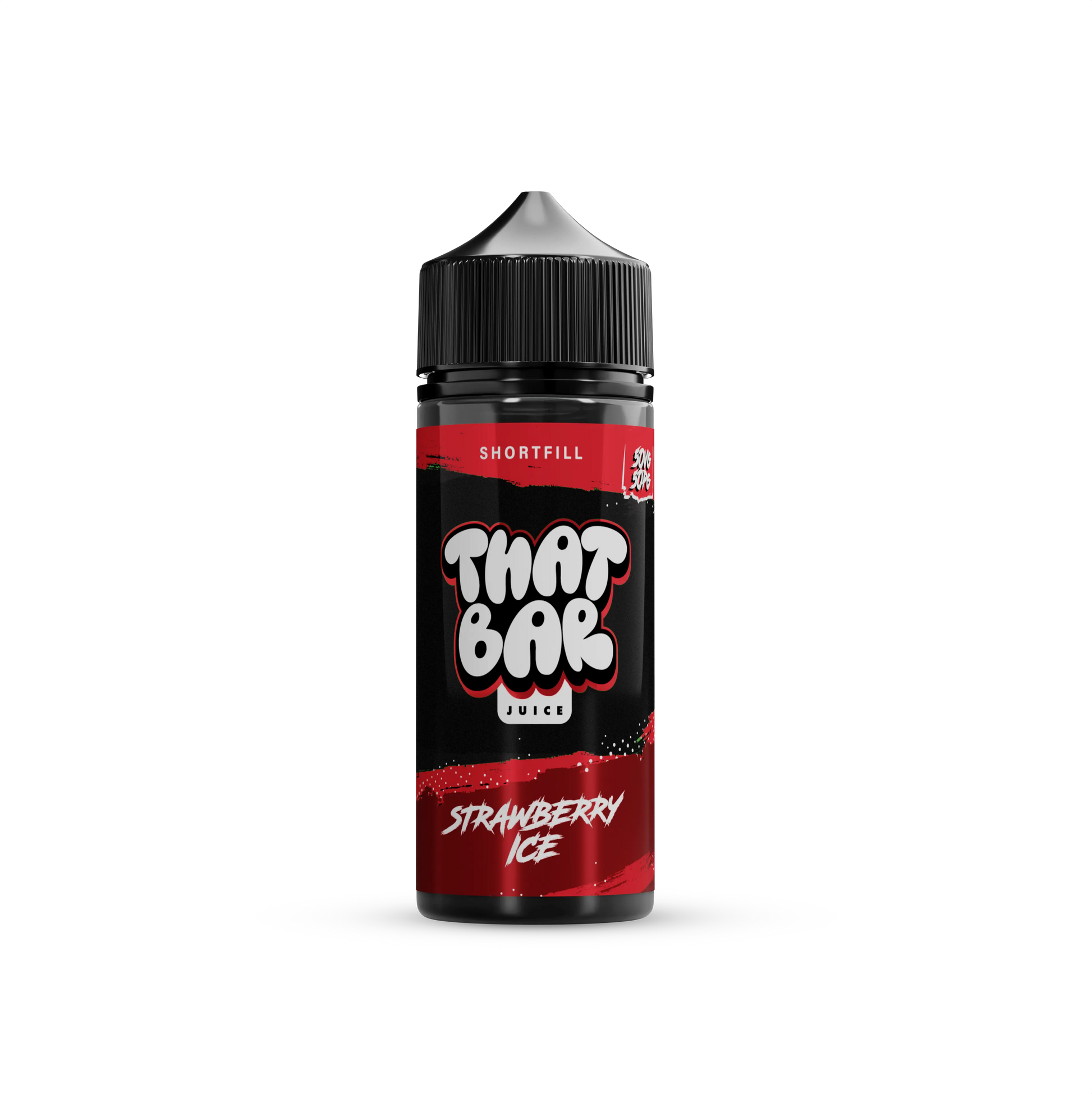 A bottle of That Bar Juice 100ml shortfill e-liquid in the Strawberry Ice flavour, showcasing a sleek black design with green accents and bold branding.