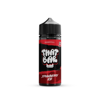 A bottle of That Bar Juice 100ml shortfill e-liquid in the Strawberry Ice flavour, showcasing a sleek black design with green accents and bold branding.