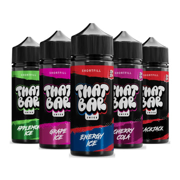 A selection of 'That Bar Juice' 100ml shortfill e-liquids featuring vibrant flavours like Applemelon Ice, Grape Ice, Energy Ice, Cherry Cola, and Blackjack, each bottle with a bold black design and colourful accents.