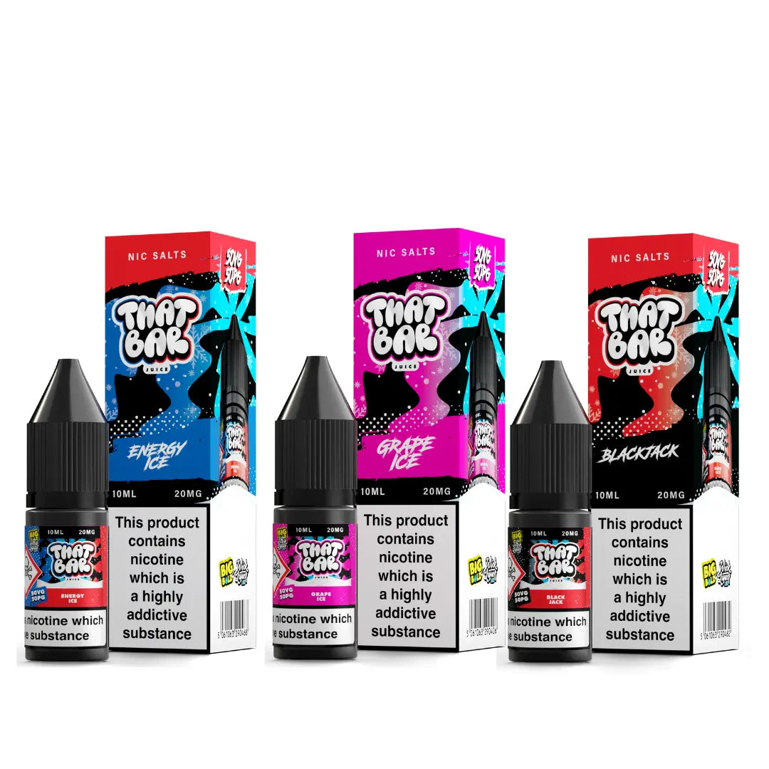 A trio of That Bar Juice 10ml Nic Salt e-liquids featuring Energy Ice, Grape Ice, and Blackjack flavours