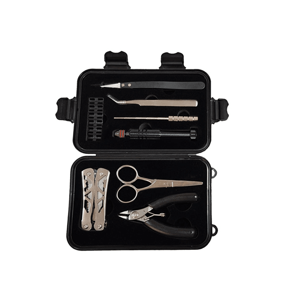 Vape tool kit with scissors, pliers, tweezers, and screwdriver in a black case.