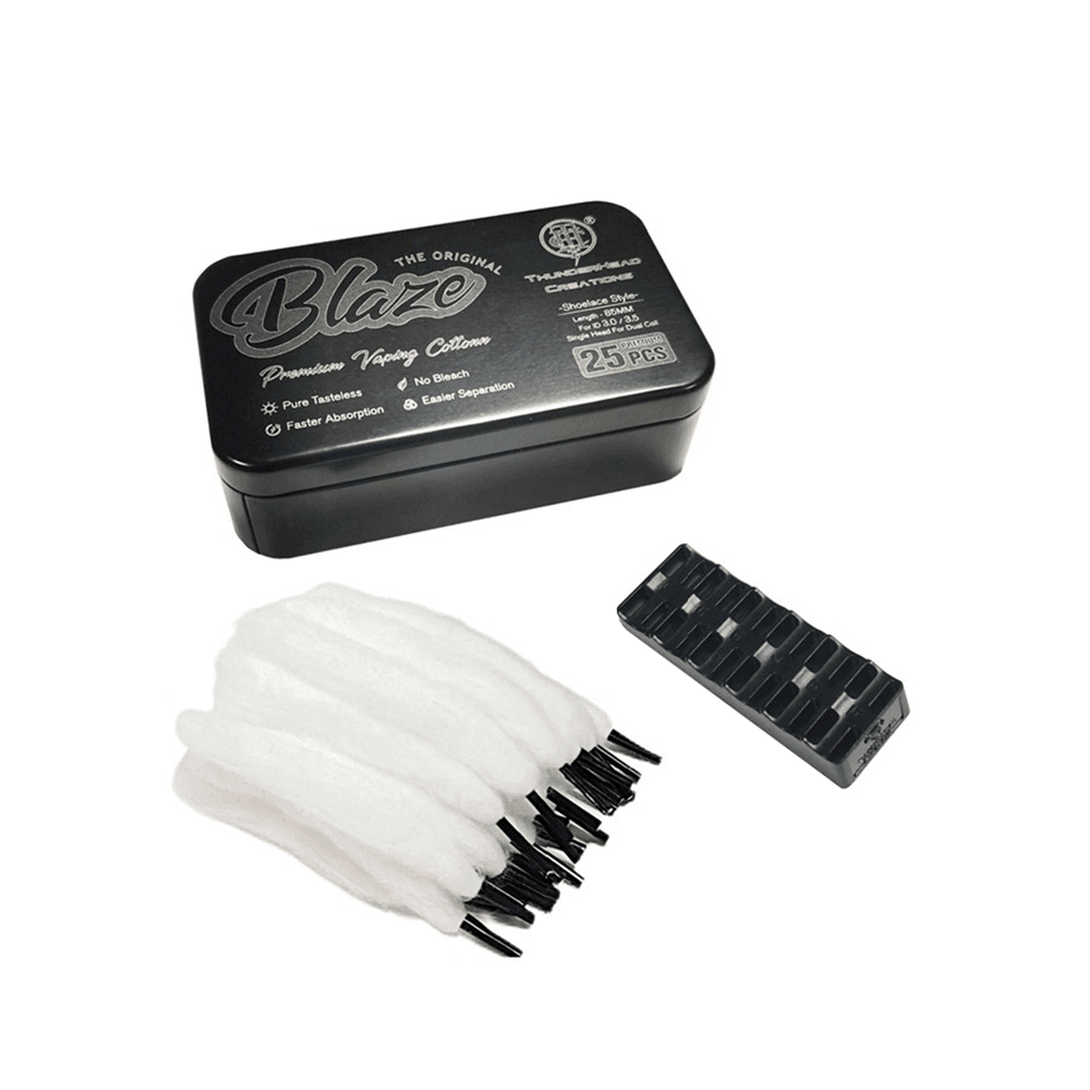 Blaze Premium Vaping Cotton pack with shoelace-style cotton and black container.