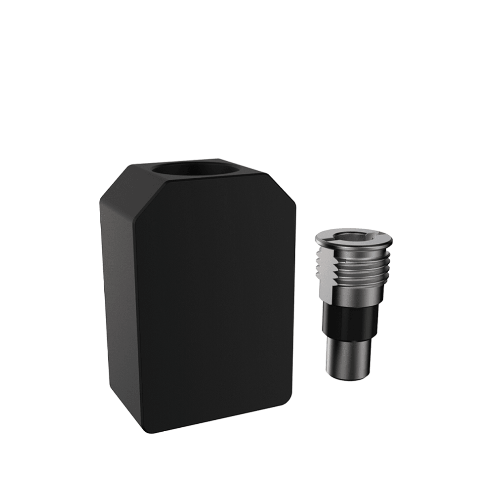 Black vape accessory with metal connector on white background.