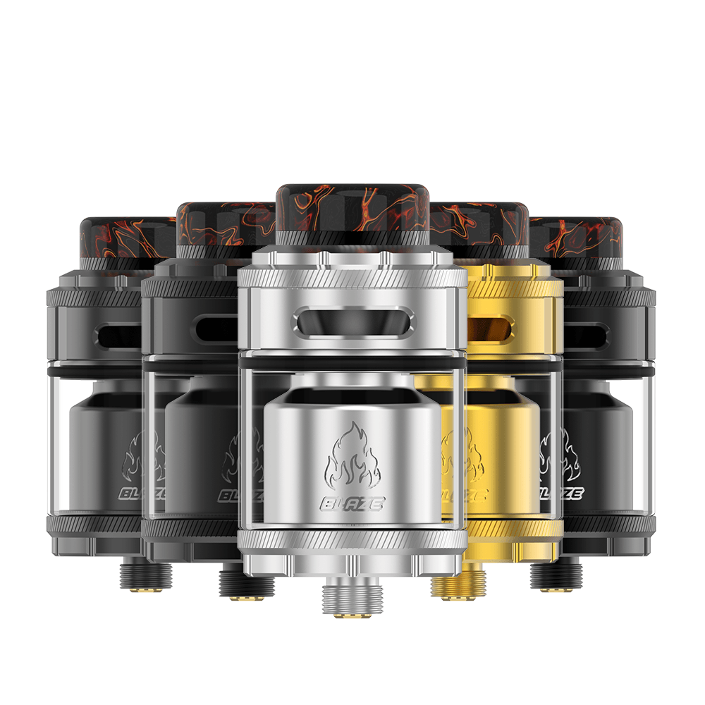 Five Blaze RTA vape tanks in silver, black, and gold with flame design.