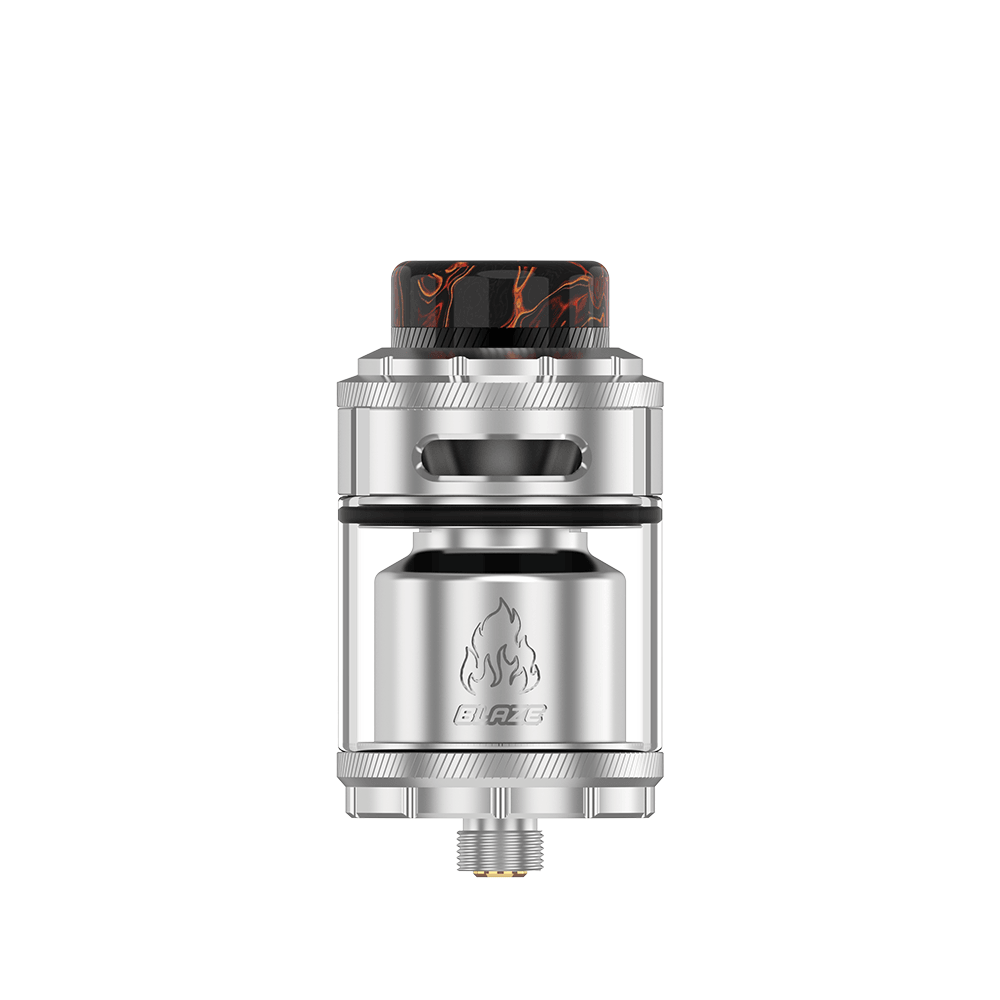 Silver Blaze RTA vape tank with flame logo and black drip tip.