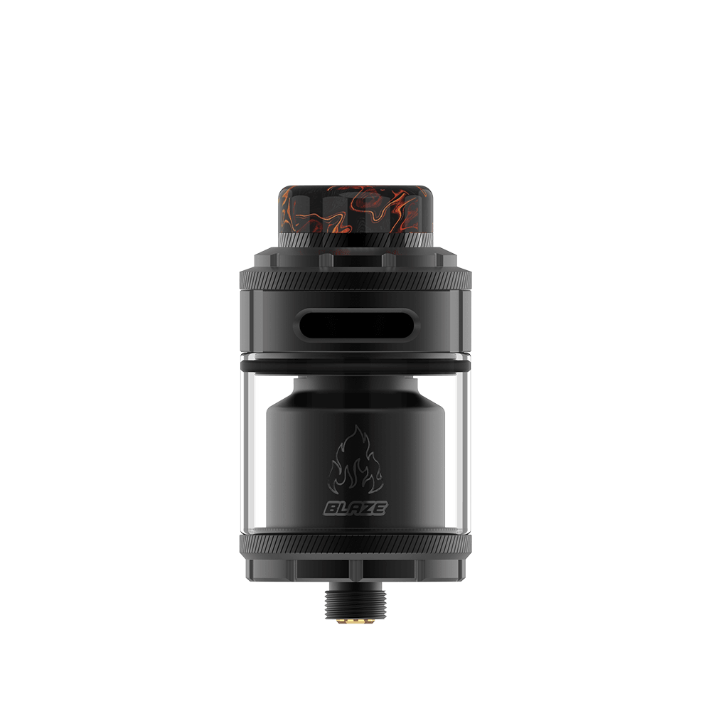 THC X Mike Vapes Blaze RTA, black with flame design, displayed on a white background.