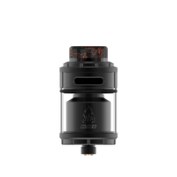 THC X Mike Vapes Blaze RTA, black with flame design, displayed on a white background.