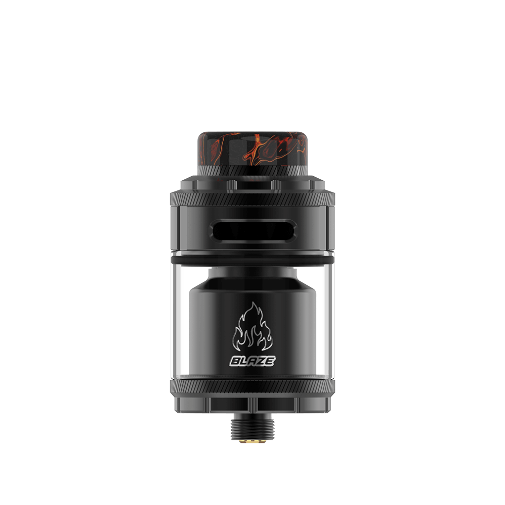 Blaze RTA by THC X Mike Vapes, black with flame logo, displayed on a white background.