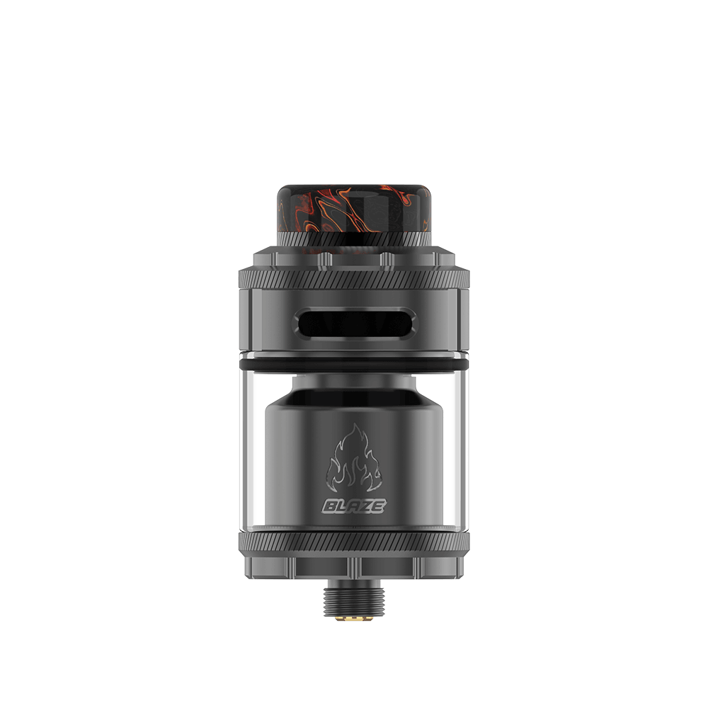 Blaze RTA by THC x Mike Vapes, a sleek vape tank with a black and silver design.