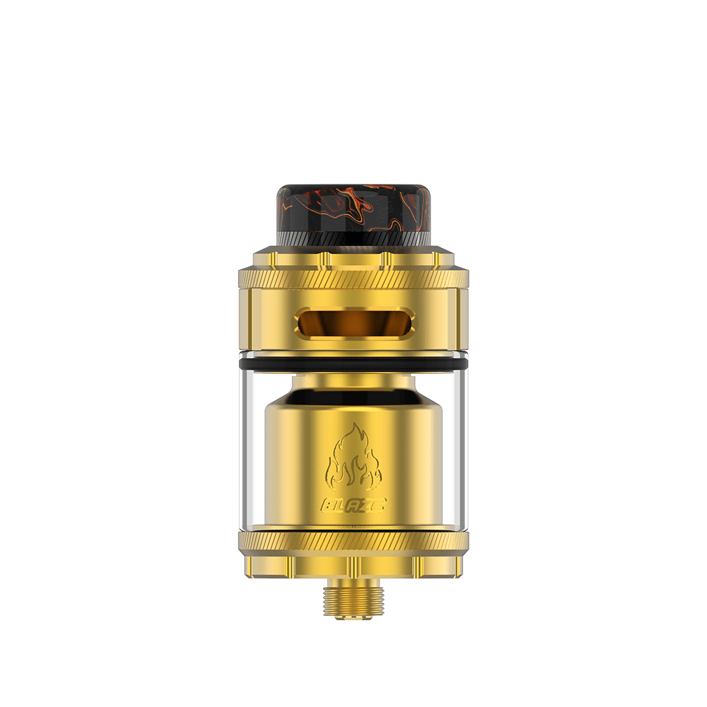 Gold vape tank with clear chamber and black drip tip, featuring a flame logo.