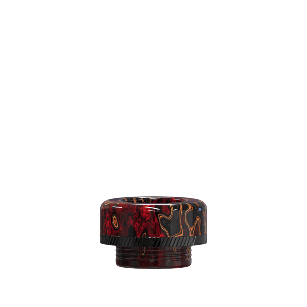 Red and black swirl vape drip tip with gold accents, against a white background.