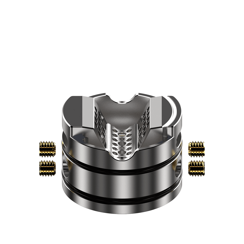 Silver RDA vape component with detailed airflow design and gold screws.