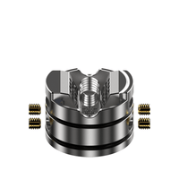 Silver RDA vape component with intricate design and multiple screws, displayed on a white background.