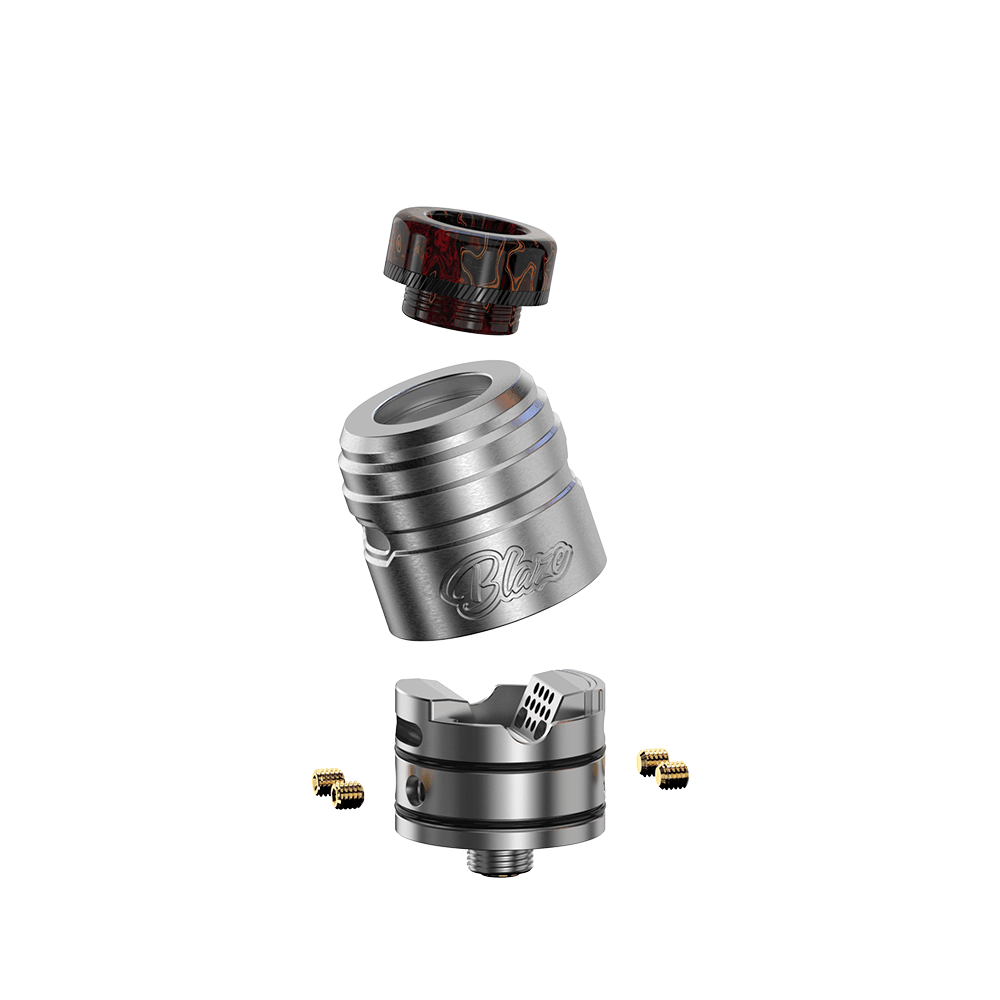 Exploded view of THC x Mike Vapes Blaze Solo RDA, showcasing its components and design.