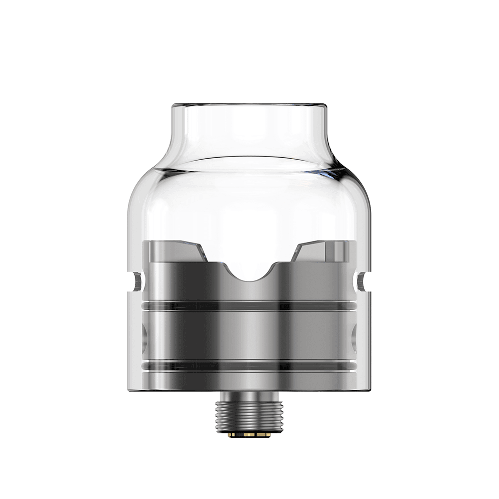 Transparent vape RDA with stainless steel base and sleek design.