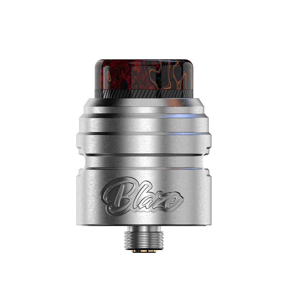 Silver Blaze Solo RDA with engraved logo and colourful drip tip.