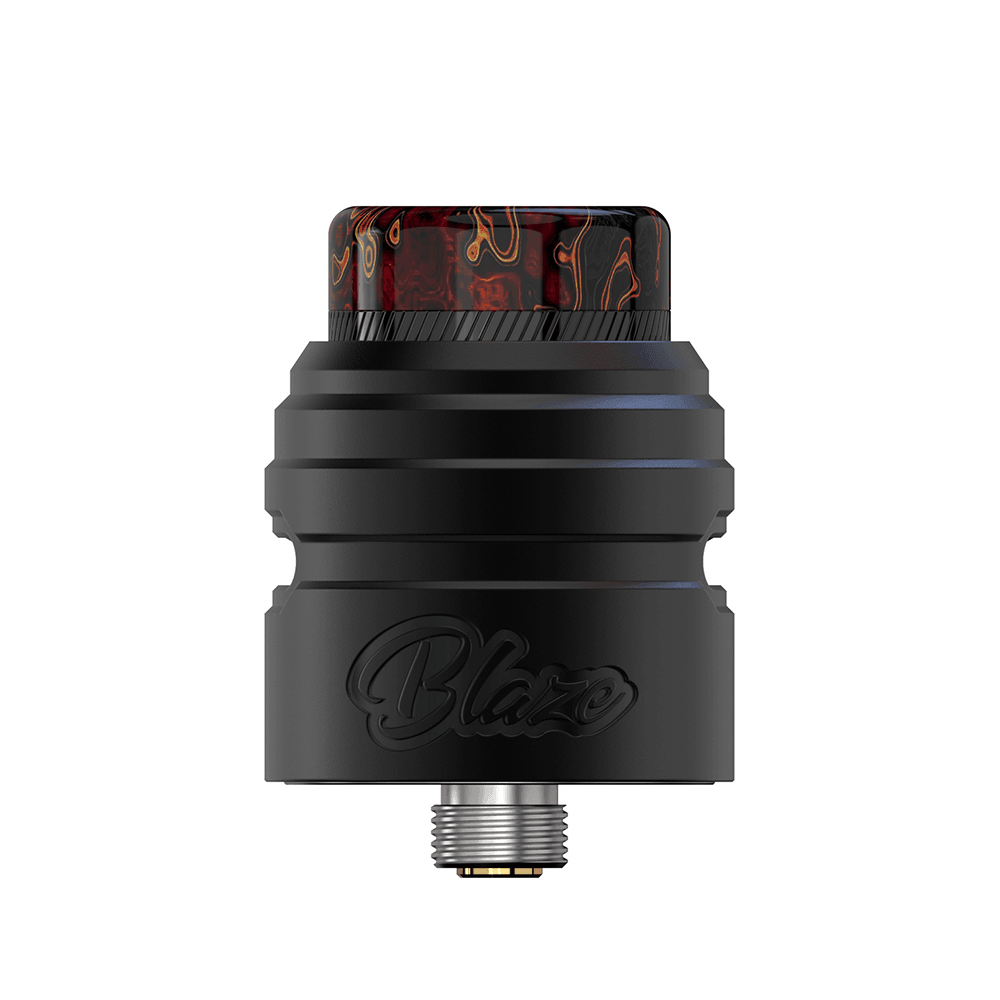 Black Blaze Solo RDA with a marbled drip tip, featuring engraved branding.