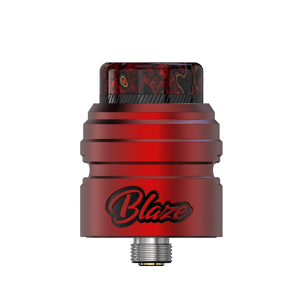 Red Blaze Solo RDA with black marbled drip tip and engraved logo.