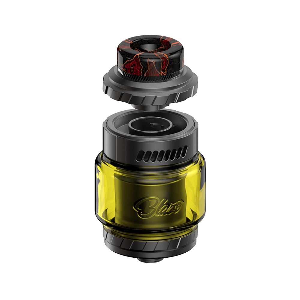 THC X Mike Vapes Blaze Solo RTA with a sleek black and yellow design.