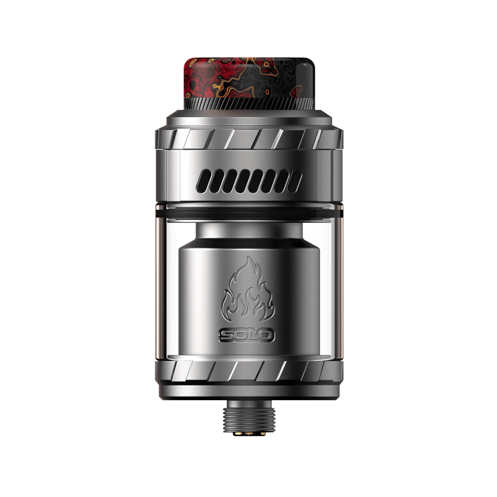 THC x Mike Vapes Blaze Solo RTA, silver vape tank with flame logo and red-black drip tip.