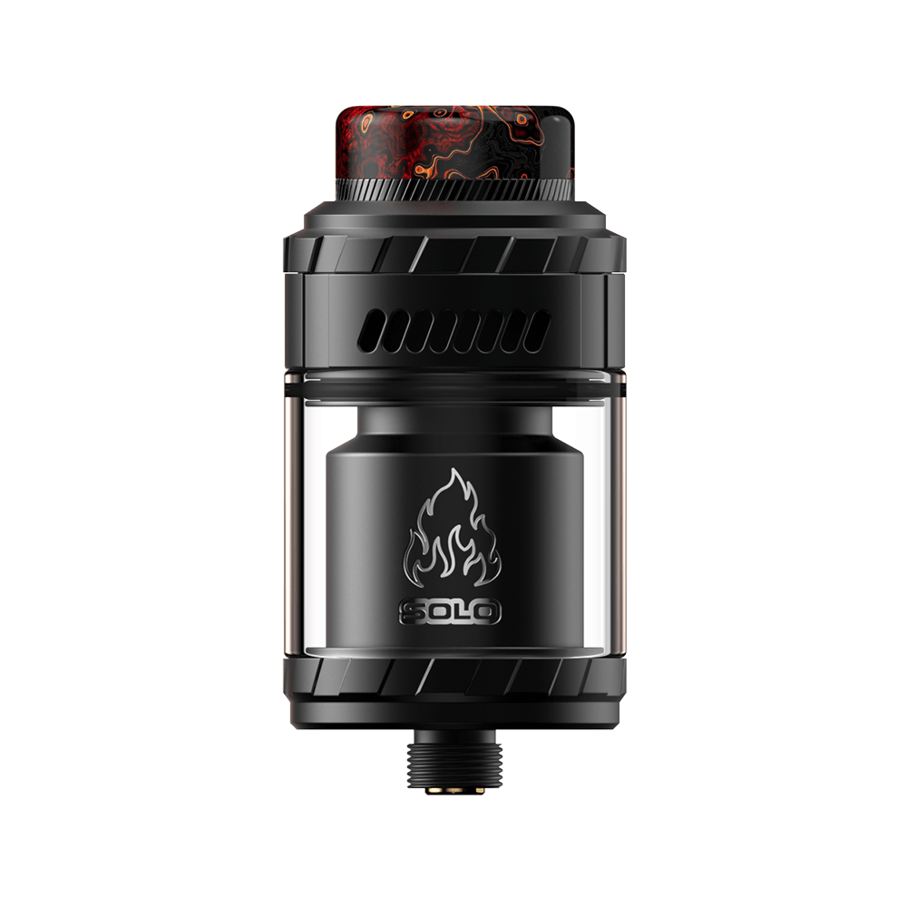 Black Blaze Solo RTA vape tank with flame logo and colourful drip tip.