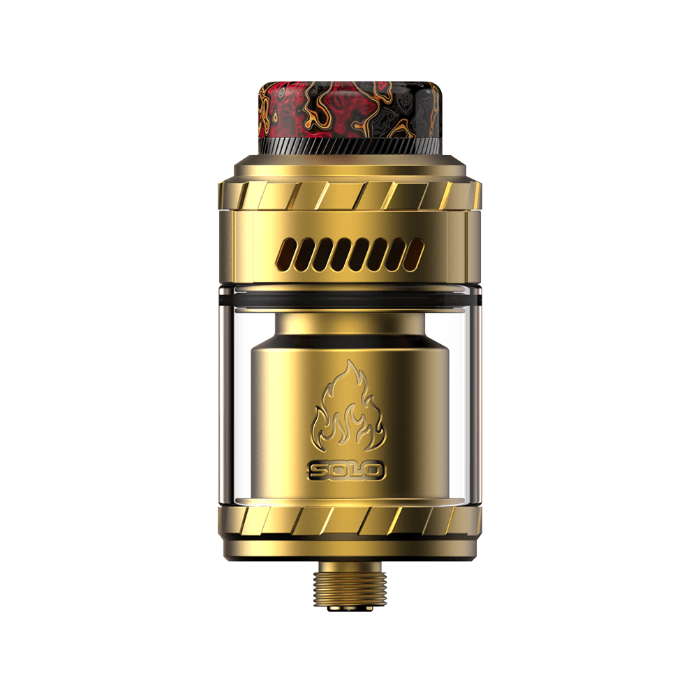 Golden THC X Mike Vapes Blaze Solo RTA with flame logo and colourful drip tip.